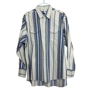 Wrangler Cowboy Long Mens Pearl Snap Button Western Shirt Beige Stripe 18.5 Neck